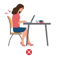 Female silhouette of incorrect posture while using the computer.The concept of ergonomics, back pain, spine, health care. Flat vector. vector