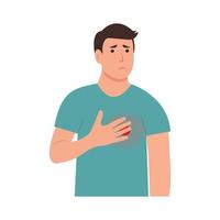 Chest discomfort.A man  holds  hand to his chest. Pain in the lungs, heart. Vector illustration