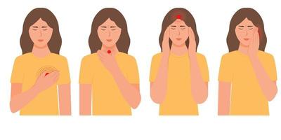 Set of character women with pain in different parts of the body. Heartache, sore throat, headache, migraine,toothache ,Ear ache Vector illustration in flat style