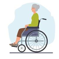 Old woman, elderly person sitting in a wheelchair. Senior  with physical disability.Retired grandmother wearing glasses, old pensioner, Vector flat illustration