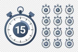 Stopwatch icons. Timer icons set. Countdown from 0 to 60 seconds. Stopwatch symbol collection. Vector illustration