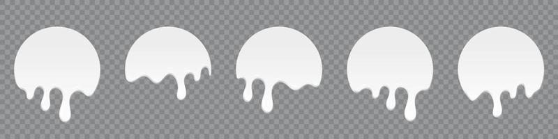Set of milk drops. Dripping milk. Realistic melted milk. Milk drops. White liquid dessert, sweet drip melt. Vector illustration