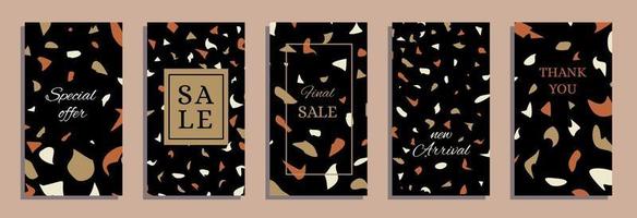 A set of five stories templates with abstract Terrazzo pattern on black vector