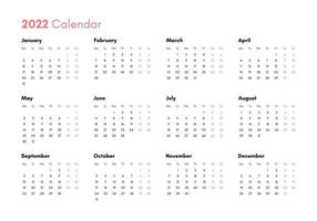 Pocket calendar on 2022 year. Horizontal view. Week starts from Monday. vector
