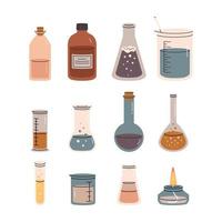 Chemical glassware with bright colorful solutions set isolated on white background vector