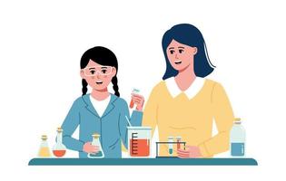 Cartoon mother and daughter doing chemistry experiment in laboratory glassware at home vector