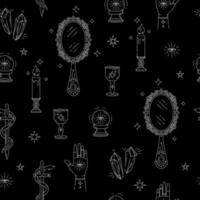 Magic seamless pattern with items, mirror, hands, crystals, eyes, snake, candles vector