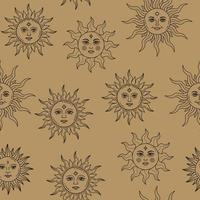 Celestial outline suns with different faces magic seamless pattern vector