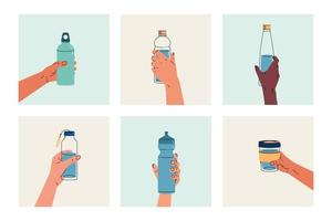 Set of reusable containers for liquids in hands. Various poses of hands holding a bottle vector