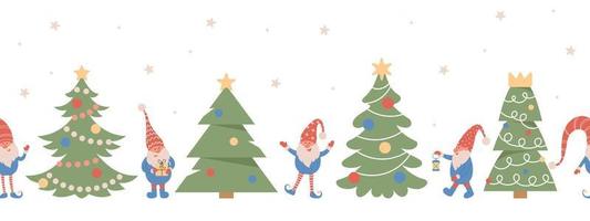 Seamless linear pattern with cute gnomes and christmas trees. vector