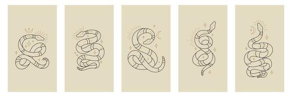 Vector outline snakes set of mystical magic objects- moon and stars. Celestial magic line serpents in trendy style