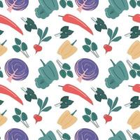 Seamless vegetable pattern with red cabbage, pepper and radish. Isolated vector background.
