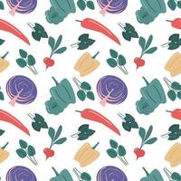 Seamless vegetable pattern with red cabbage, pepper and radish. Isolated vector background.