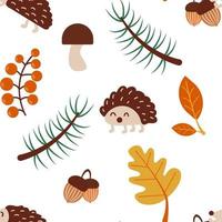 Seamless autumn pattern with hedgehog and leaves. Isolated vector illustration.