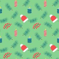 Christmas seamless pattern with hat, candles, berries and pine branch. Festive background for winter holiday design. vector