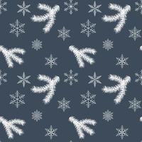 Christmas and Happy New Year seamless pattern with tree branches and snowflakes. Isolated on dark blue vector illustration. Endless holiday background.