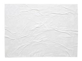Blank white crumpled and creased paper sticker poster texture isolated on white background photo