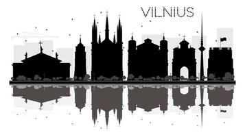 Vilnius City skyline black and white silhouette with reflections. vector