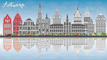 Antwerp Skyline with Gray Buildings, Blue Sky and Reflections. vector