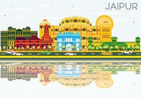 Jaipur Skyline with Color Buildings, Blue Sky and Reflections. vector