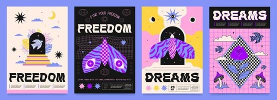 A set of fancy textured posters in collage style. vector