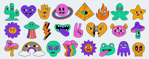 A set of characters in the style of an acid old cartoon with an outline and emotions. vector