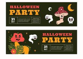 un conjunto de dos plantillas horizontales de banner de fiesta de halloween. diseño de estilo de moda psicodélico y maravilloso. vector