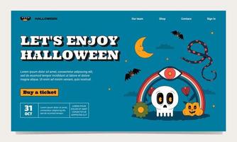 Halloween landing page template illustrated with a skull, pumpkin, rainbow, eye, bat, snake, crescent moon. Groovy outlined style. vector