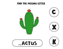 Find missing letter with doodle cactus. Spelling worksheet. vector