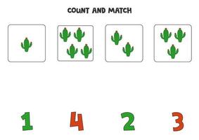 Counting game for kids. Count all cacti and match with numbers. Worksheet for children. vector