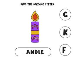 Find missing letter with candle. Spelling worksheet. vector