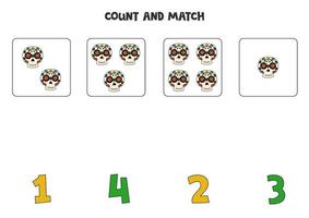 Counting game for kids. Count all skulls and match with numbers. Worksheet for children. vector