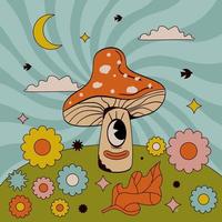 Trippy retro illustration with mushroom with eye and lips, daisy, moon and clouds. Psychedelic print 1970s, 1960s style. vector