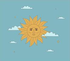 Illustration of a outline sun with a face in the sky and clouds. Template of a print, postcard, cover, logo. vector