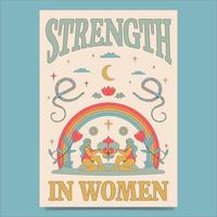 Groovy poster with rainbow, female figures, flowers, snakes, moon, clouds. Text strength in women. vector