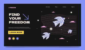 A modern futuristic landing page template with flying birds on a curved grid background, clouds and stars. Creative web design. vector