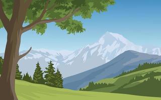 Beautiful snow-capped mountain landscape with trees and meadow vector