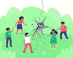 Children try to break the pinata with a stick to get candy and other contents vector