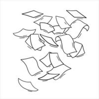 Paper files of documents fall down. Flying sheets. Blank sheet. Office element. Thrown object. White trash. Cartoon outline illustration vector