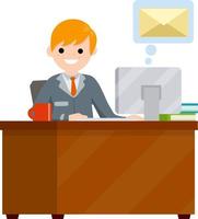 Young man sit at table with computer and receives letter. e-mail in messenger. Cartoon flat illustration. Work in office. postal envelope in bubble, chat with friends on Internet vector