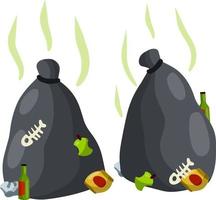 Garbage bag. Black bag with trash and junk. Empty green beer bottle, banana peel, jar, crumpled paper. The problem of disposal and recycling. Cartoon flat illustration. vector