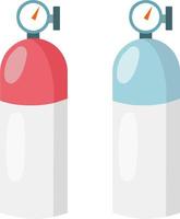 Gas and oxygen cylinder with indicator. Red and blue tank. Medical technical element. Set of items. Cartoon flat illustration. vector