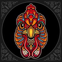 Colorful Rooster Mandala arts isolated on black background. vector