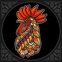 coloridas artes de mandala de gallo aisladas sobre fondo negro. vector