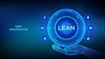 Lean. Six sigma smart industry, quality control, standardization. Lean manufacturing DMAIC. Business and industrial process optimisation concept. Hexagonal grid sphere in wireframe hand. Vector. vector