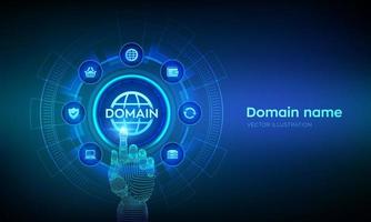 nombres de dominio. Registro de Dominio. nombre del sitio web, dirección URL de la página web. alojamiento en la creación de sitios web. internet y telecomunicaciones web. mano robótica tocando la interfaz digital. ilustración vectorial vector