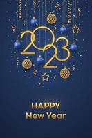 Happy New 2023 Year. Hanging Golden metallic numbers 2023 with shining 3D metallic stars, balls and confetti on blue background. New Year greeting card, banner template. Realistic Vector illustration.