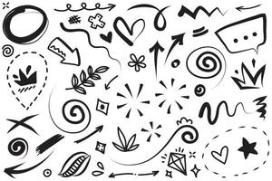 Abstract arrows, ribbons, fireworks, hearts, lightning,love , leaf, stars, cone, crowns and other elements in a hand drawn style for concept designs. Scribble illustration. vector