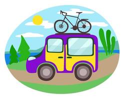 Travel minivan with bicycle on the top. Vector isolated illustration.