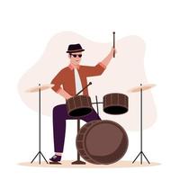 diseño plano del personaje de los hombres tocando un kit de batería vector